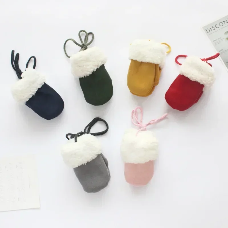 Baby gloves 2-6 years old children's gloves Double fleece mittens hanging neck children cute warm winter