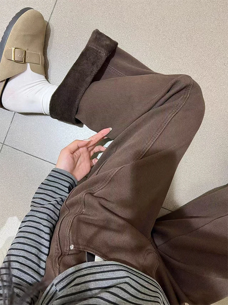 Retro Velvet Thickened Jeans for Women Autumn Winter High Waisted Straight Leg Denim Pants Female Casual Warm Wide Leg Pants