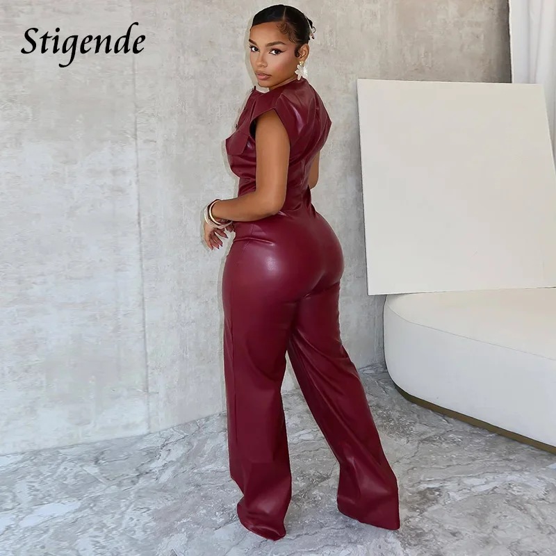 Stigende Women Button Up Wide Leg Pu Jumpsuit Sleeveless Stretch Faux Leather Jumpsuit