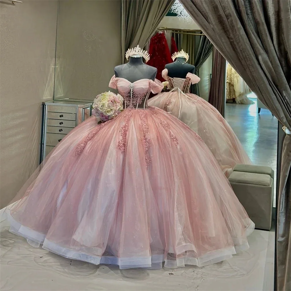 

ANGELSBRIDEP Glitter Tulle Pink Ball Gowns Quinceanera Dresses 2025 Off Shoulder Girls Birthday Party Vestidos De Xv Años