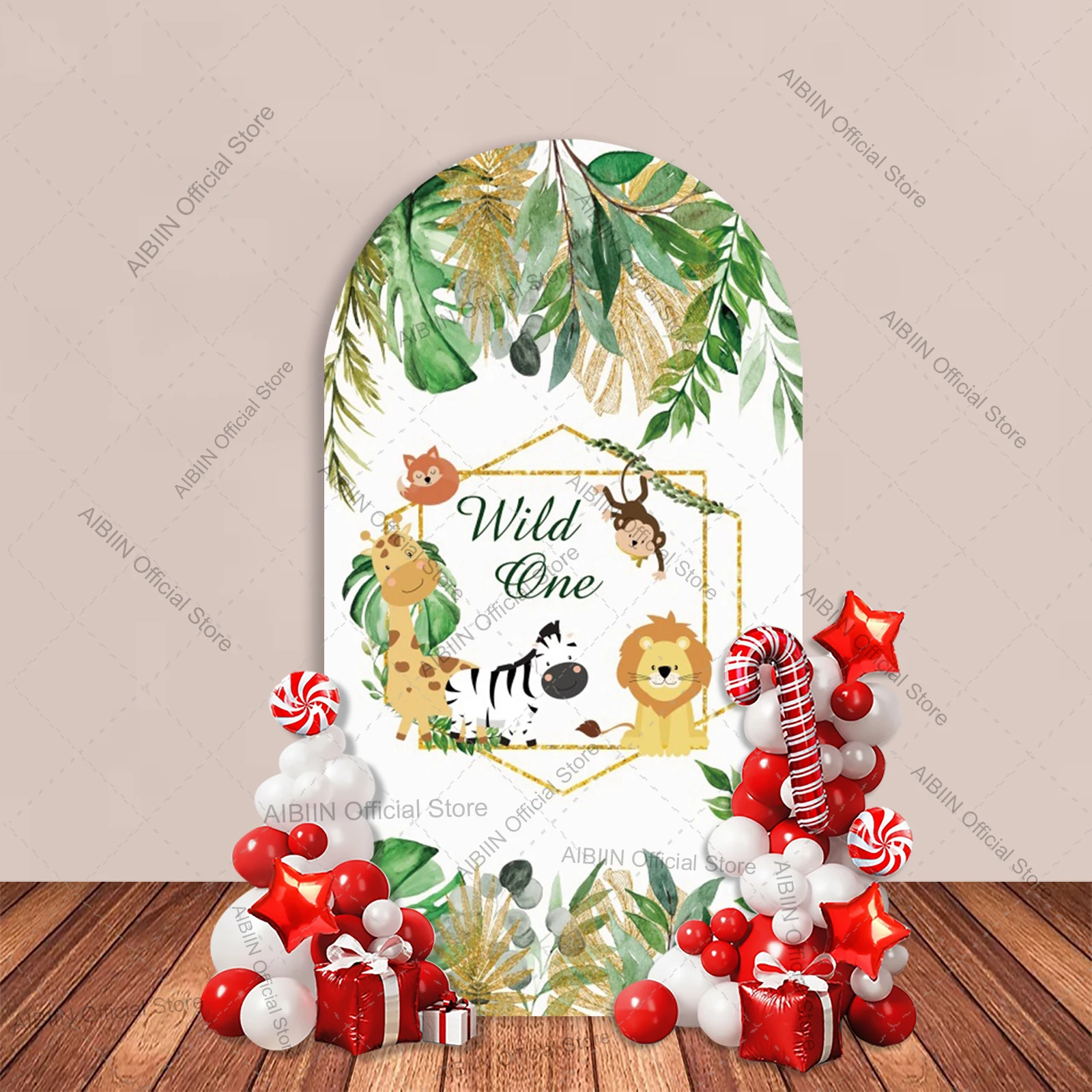 Wild One Happy Birthday Arch Backdrop Cover Jungle Safari Animal Green Leaves Lion Zebra Giraffe Boy Cake Party Decor Background view 2