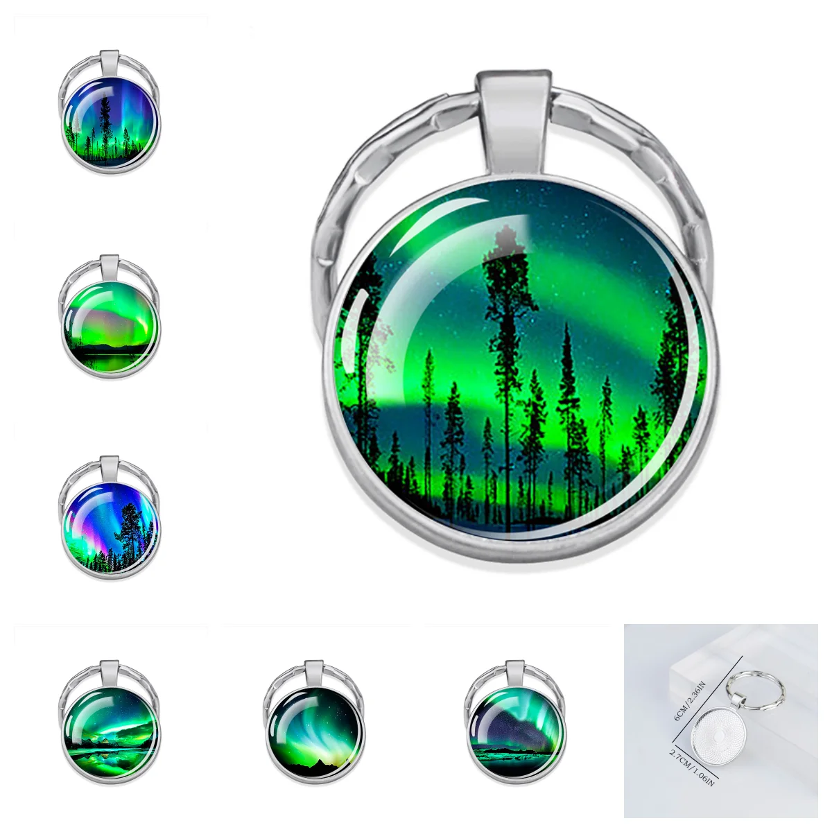 Green Aurora Photo of Keychain Circular Glass Luminous Keychain Handmade Pendant Alloy Fashionable Landscape Keychain Gift