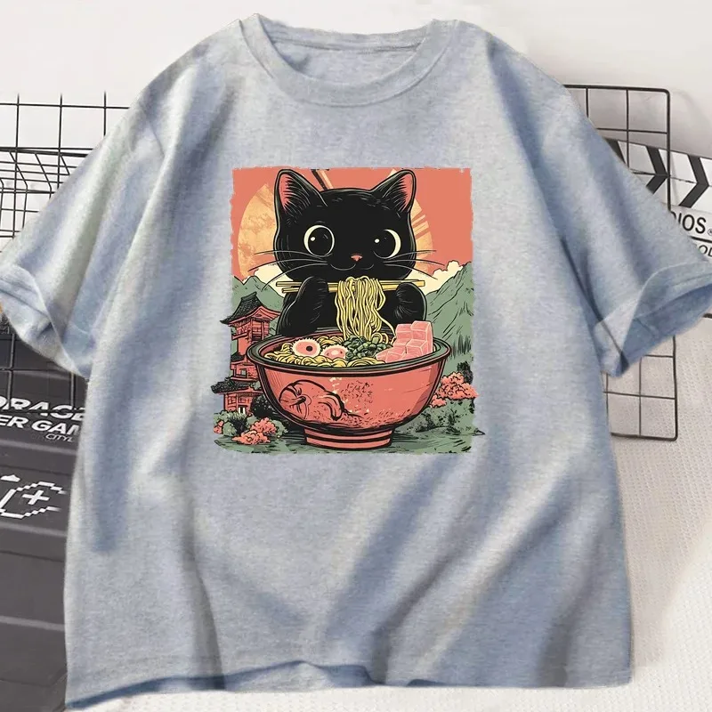 Cute Black Cat Eating Ramen Print T-shirt Women's Harajuku Short Sleeve Casual Women's T-shirt Clothing Tops Aesthetic Clothes