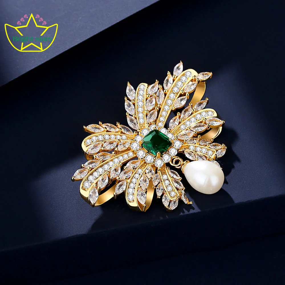 Bright Stars s925 Sterling Silver Emerald Fresh Water Pearl Bow Brooch Women's high grade corsage pin clothing access