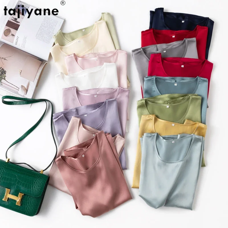 Tajiyane Women 100% Mulberry Silk 19 Momme pół rękawa Okrągły dekolt Top Shirt Bluzka T-shirt Więcej kolorów topy damskie ropa mujer