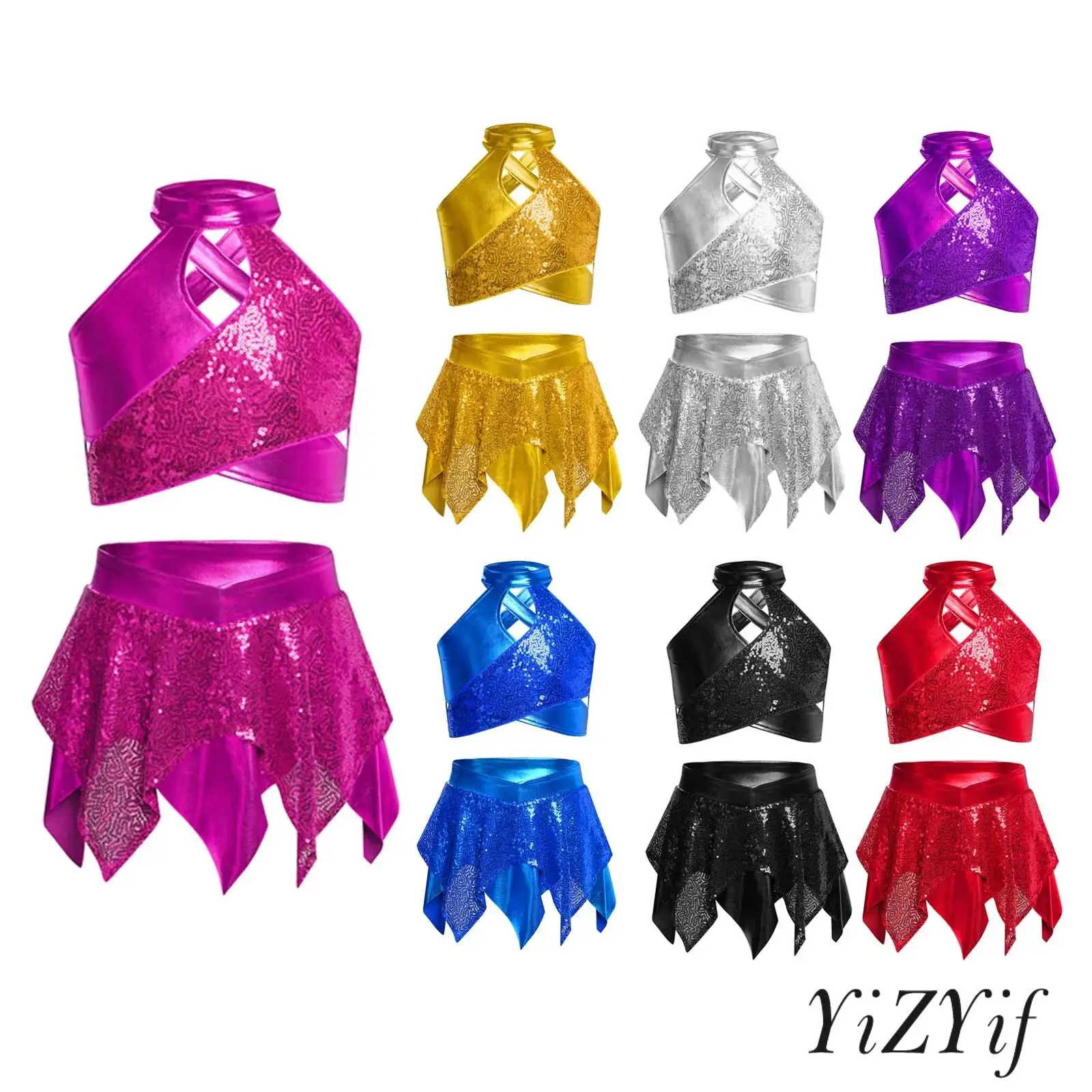 

Girls Glamorous Two-Piece Dance Costume Sleeveless Shiny Crop Top with Built-in Briefs V-Waist Skirt for Stage Shows Birthday