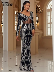 Yesexy  New Dress Women Sexy Long-sleeve V-neck High-Waist Dress With Cut-out Waist Full Lining Evening Night Club Dress