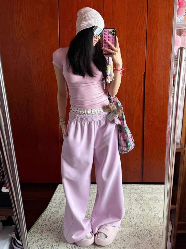 

HOUZHOU American Retro Pink Pants Women Y2k Casual Baggy Sweatpants Hip Hop Harajuku Basic Straight Wide Leg Sports Trousers