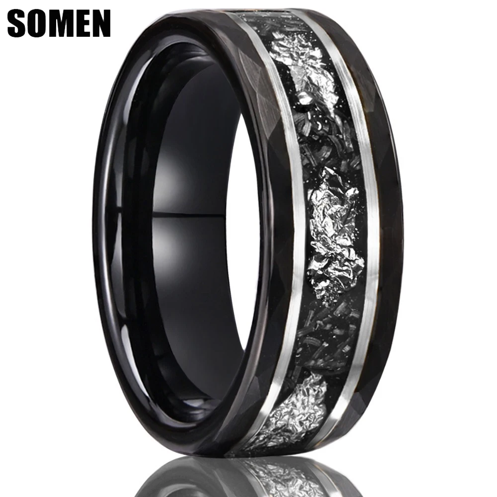 Somen 8mm Hammered Tungsten Ring For Men Meteorite Silver Color Foil Inlay Wedding Band Engagement Male Jewelry Anniversary Gift
