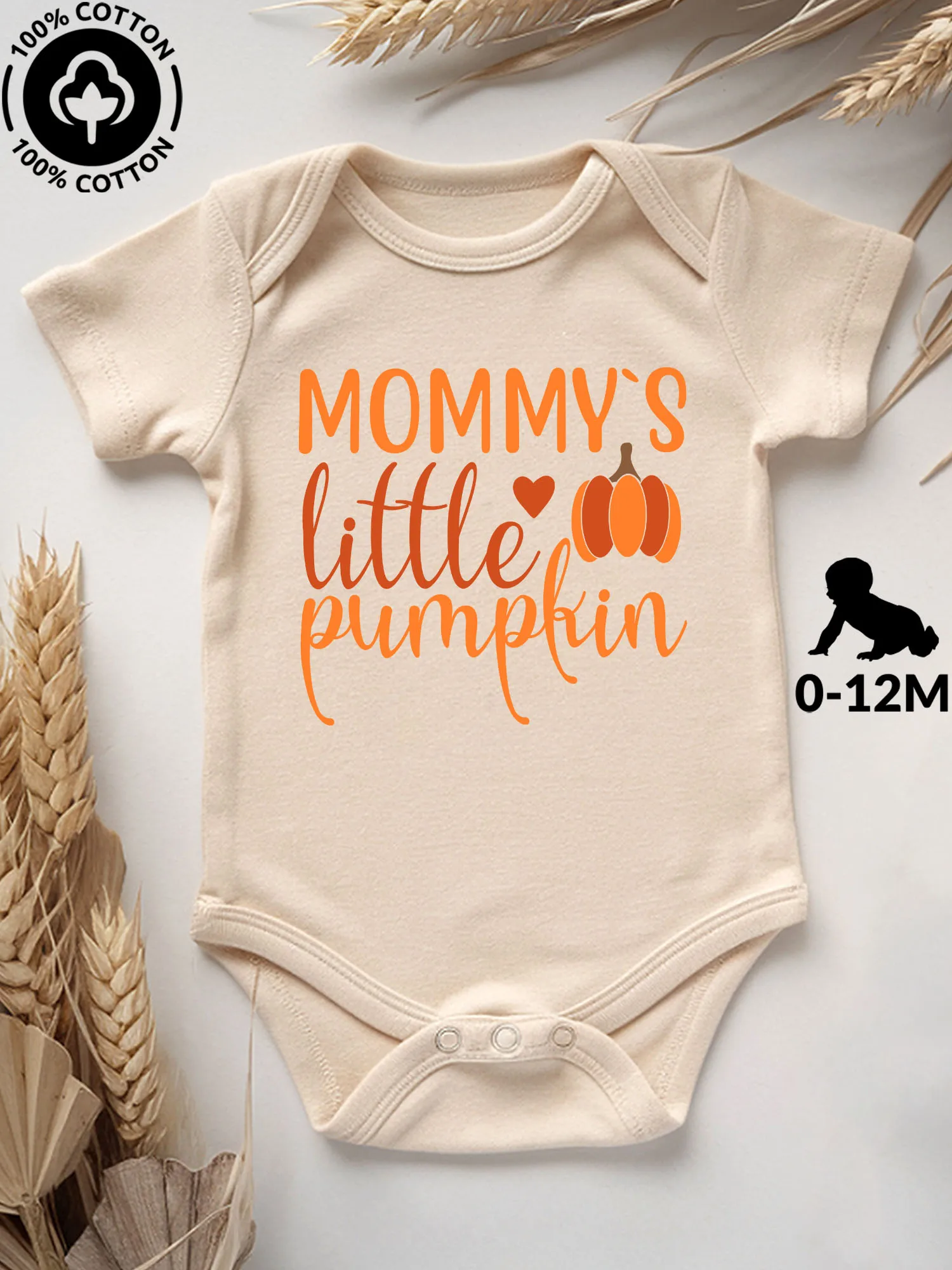 Mommy's Little Pumpkin Unisex Baby Bodysuit, 100% Cotton Soft Onesie, All-Season Wear Beige Crawling Suit 190GSM