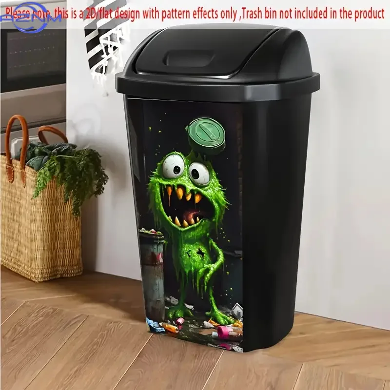 1pc 2D Flat Trash Can Sticker, Creative Green Monster Design, Suitable for Trash Cans, Walls, Kitchen Decoration
