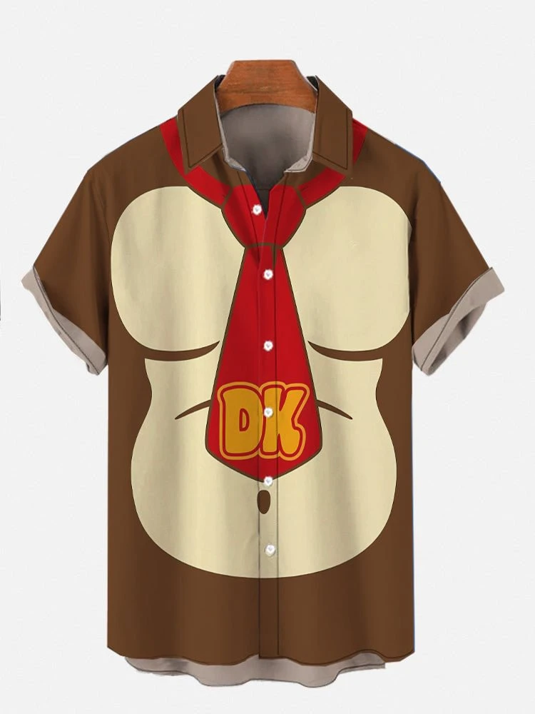 

​​2025 Men's Gorilla Cartoon Costume Shirt Brown Contrast Red Tie Print Short Sleeve Loose Breathable Street Style​