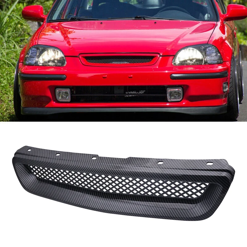 Car Carbon Fiber Mesh ABS Front Hood Grille Grill For 96-98 Honda Civic EJ/EK JDM Type R