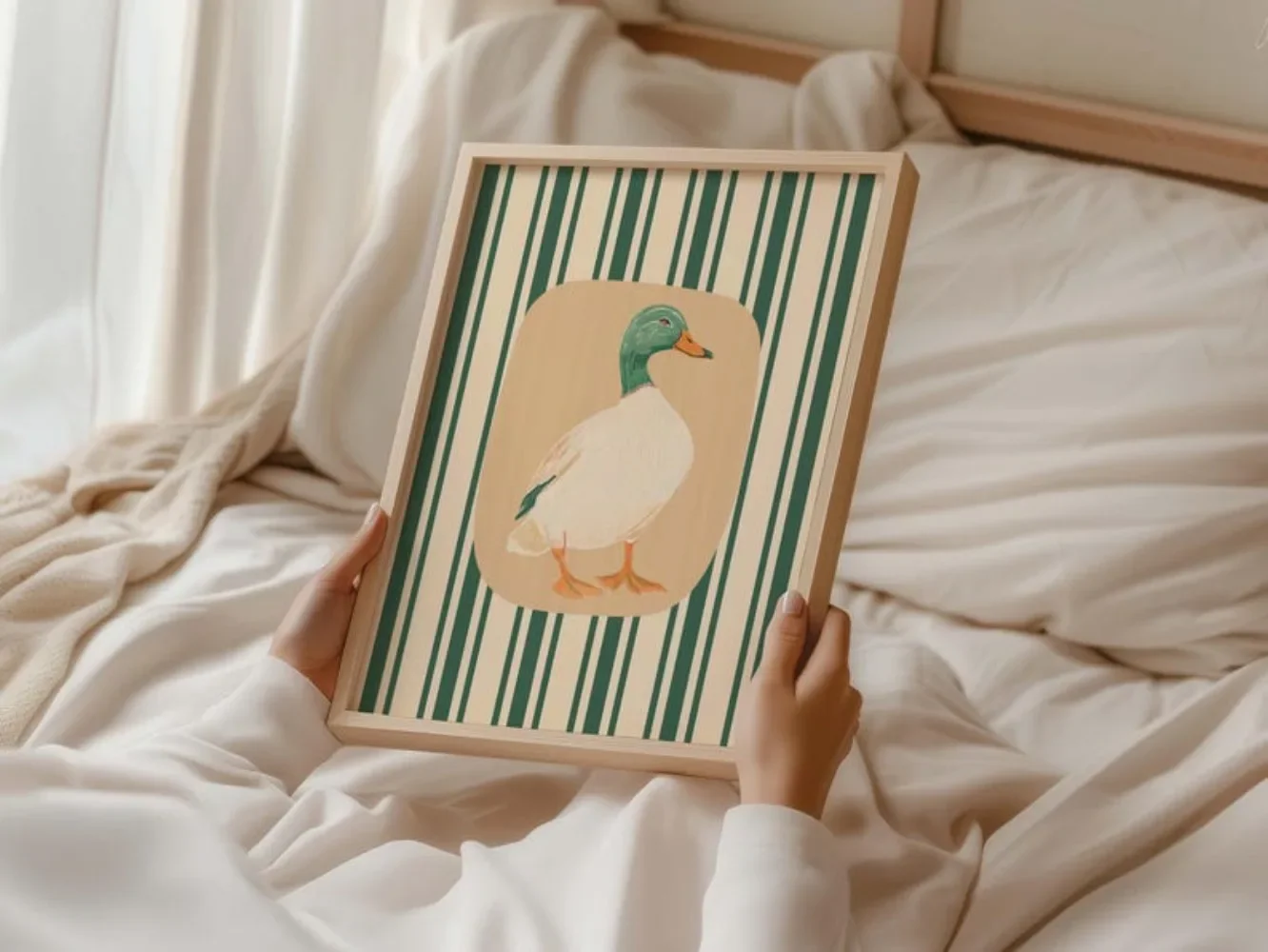 1pc frameless Canvas Painting Duck Art Print,Green Stripe Nursery Wall Art,Vintage Mallard Farmhouse Decor,Preppy Boy Room Art,C