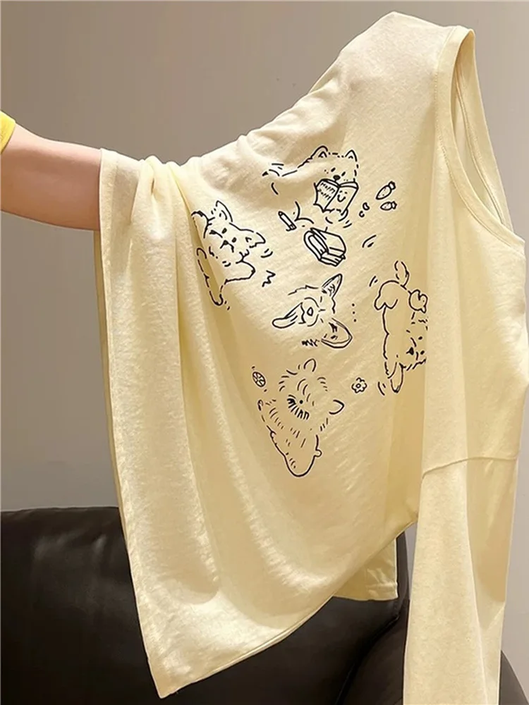 Loose Fit Women's T-shirt Summer Printed Lightweight Transparent Design Sun Protection Shirt Korean Style round Neck Long Sleeve