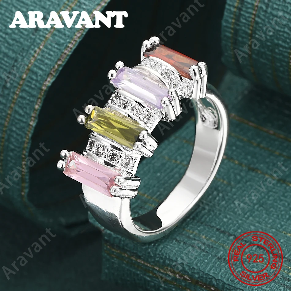 Rechteckiger Zirkonia-Ring aus 925er Sterlingsilber in vier Farben – exquisiter und süßer Hochzeitsschmuck für Frauen