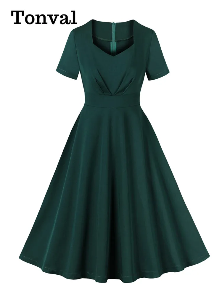 

Tonval Sweetheart Neck Ruched High Waist Swing Dresses for Women Elegant 2024 Summer Green Solid Vintage Long Dress