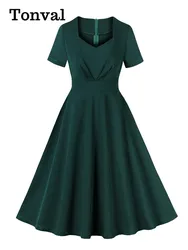 Tonval Sweetheart Neck Ruched High Waist Swing Dresses for Women Elegant 2024 Summer Green Solid Vintage Long Dress