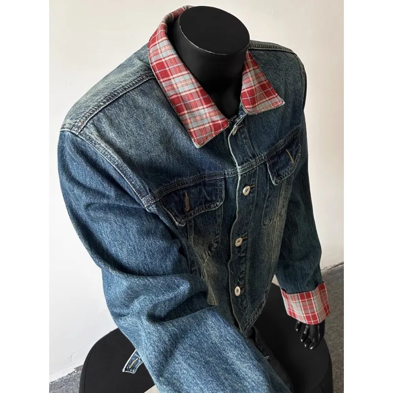 

American Retro Plaid Lapel Jeans Jacket Men's Autumn Design Sense Shoulder Padded Splicing Jacket Tide