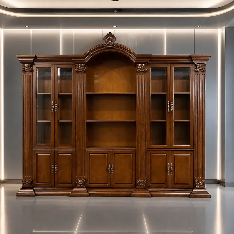 Cherry Wood Combination Bookcase Solid Wood with Door Free Assembly Display Retro Bookshelf for Study