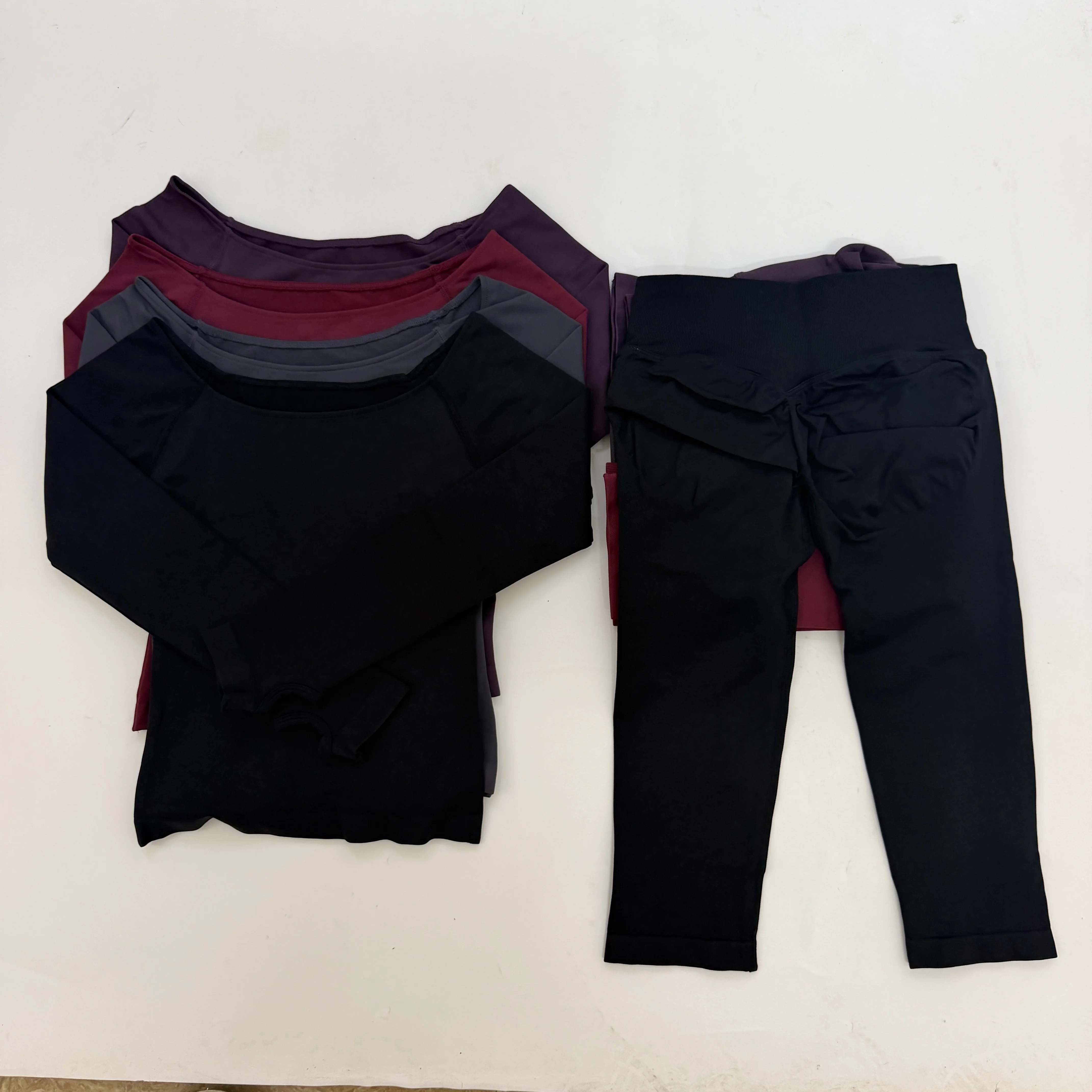 2 Pieces Long Sleeve Workout Set Woman off shoulder Vision Yoga Top Capris Cropped Legging Set Gym Clothes Seamless Sports Suits