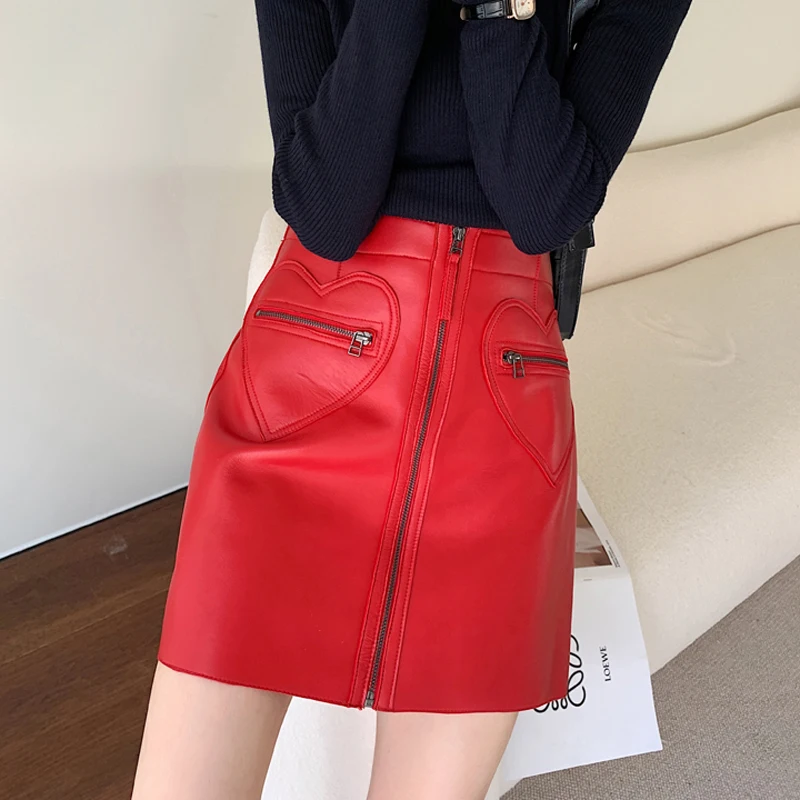 Genuine Leather Sexy Mini Skirt Women 2021 Spring Red Love Pocket South Korean Fashion High Waist Buttons Retro A-line Skirt