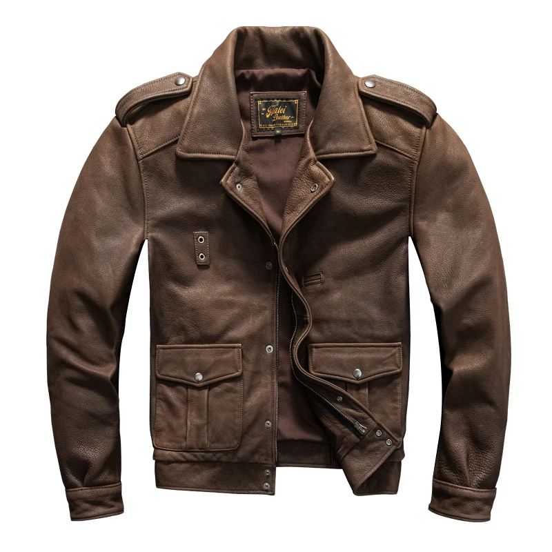 Genuine Natural Thick Cowhide California Mounted Police Coat Dark Brown Winter Leather Jacket Men Retro Style Plus Size 5XL