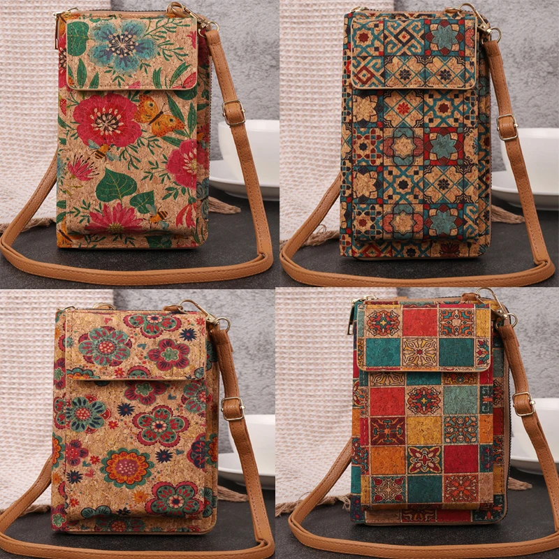 

5pcs Wallet Retro Cork Leather Flower National Printing Multifunctional Phone Bag Mix Color