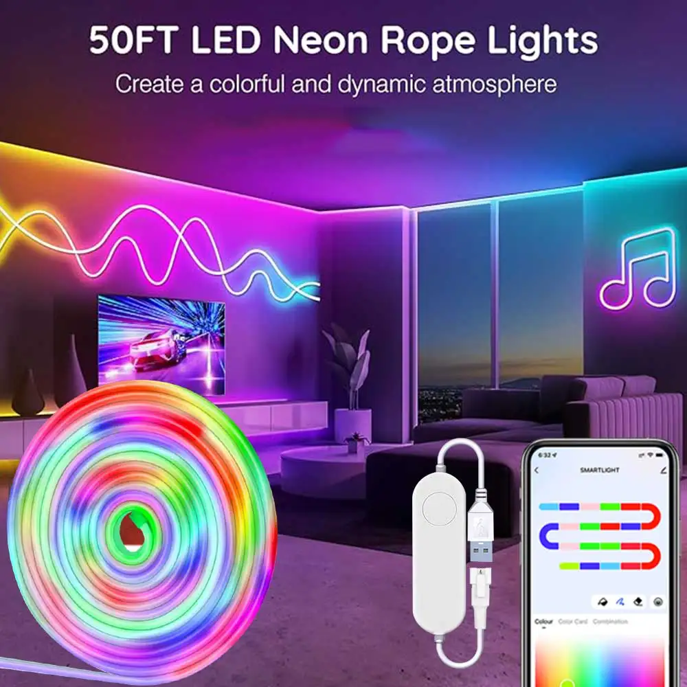 Imagem -02 - Led Neon Light Strip para Iluminação Doméstica Luzes Impermeáveis de Corda de Néon Lâmpada Inteligente App Cor dos Sonhos Tuya Wifi Usb 5v