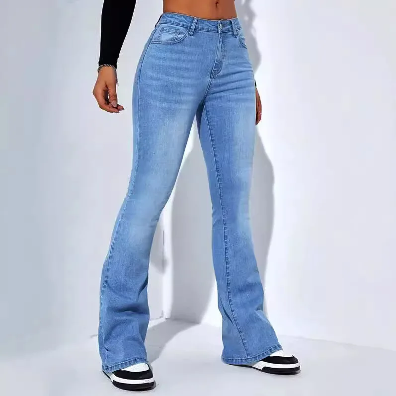 

High Waist Wide Leg Flared Trousers Women's Streetwear Jeans Standard Fit Medium Stretch Denim Blue from China for Teens