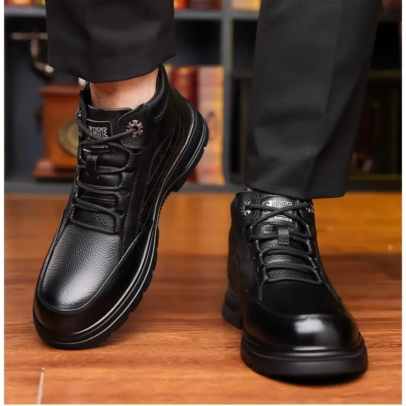 

Мужские высокие ботинки из натуральной кожи, теплая шерстяная зимняя непромокаемая нескользящая повседневная официальная обувь на подкладке из искусственного меха