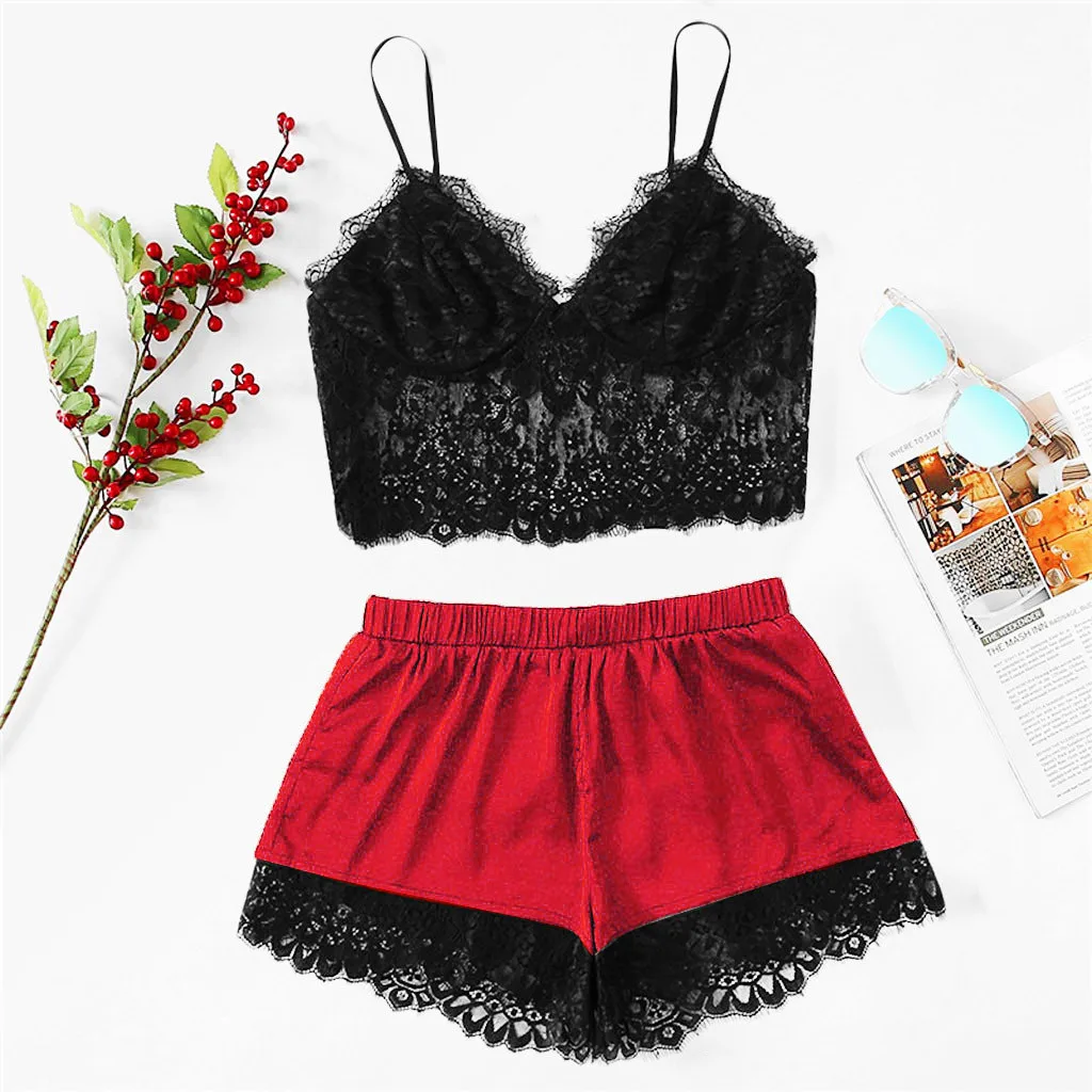 Sexy Lingerie For Women Summer Transparent Lace V-neck Bowknot Shorts Set Sleepwear Pajamas Lingerie Nightgown