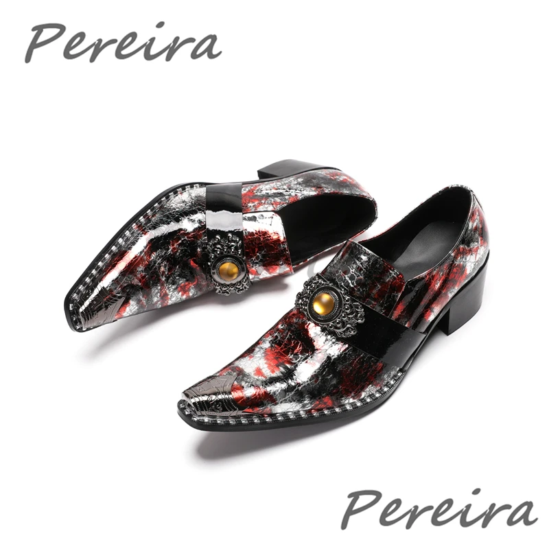 Silver Red Mixed Colors Genuine Leather Men Shoes Iron Pointy Toe Metal Strap Loafers Fashion Party Banquet Business Dress Shoes