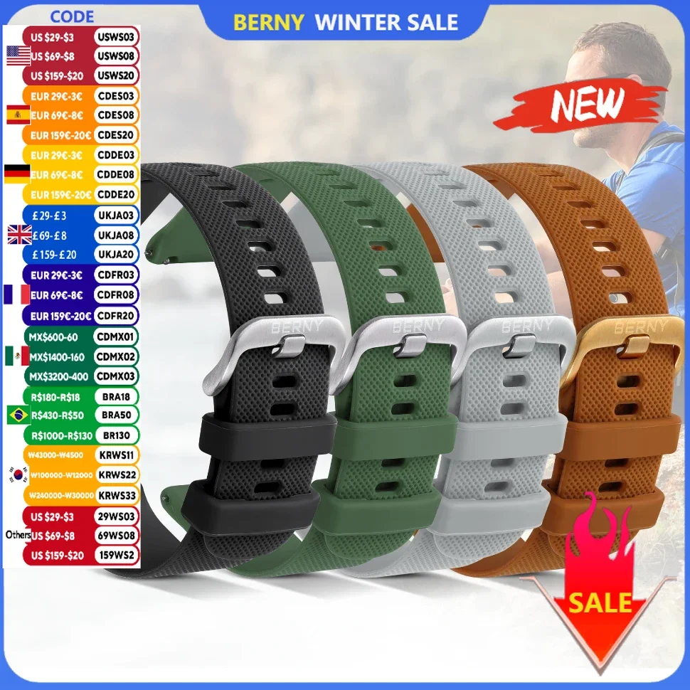 BERNY 22mm Quick Release Watch Strap Silicone Watchband Soft Wristwatch Bracelet High Quality Sport Rubber Watch Accessories