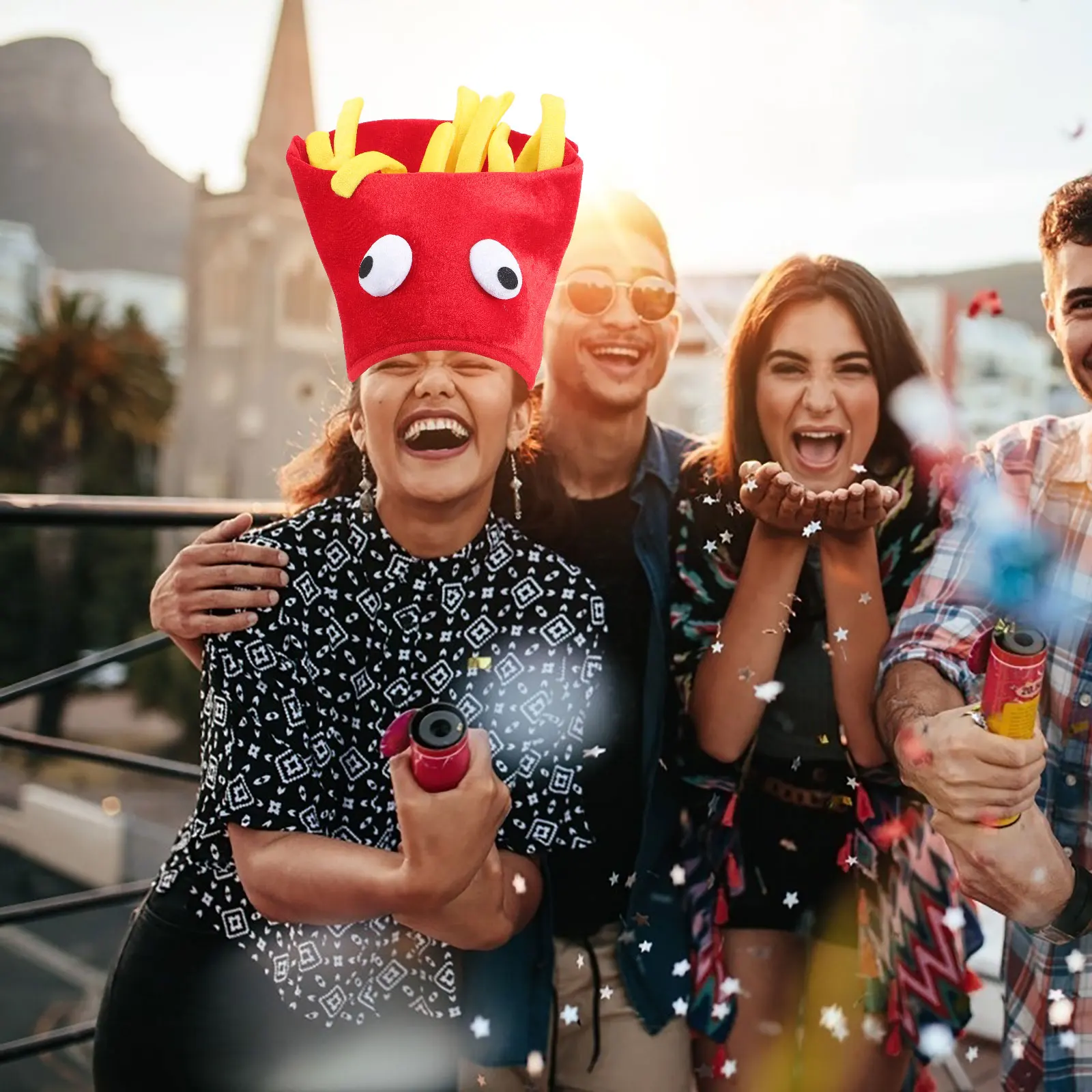 البطاطس المقلية قبعة مادة القماش مريحة تأثيري حلي قبعة أغطية الرأس حفلة كرنفال صور الدعامة البطاطس المقلية شكل قبعة