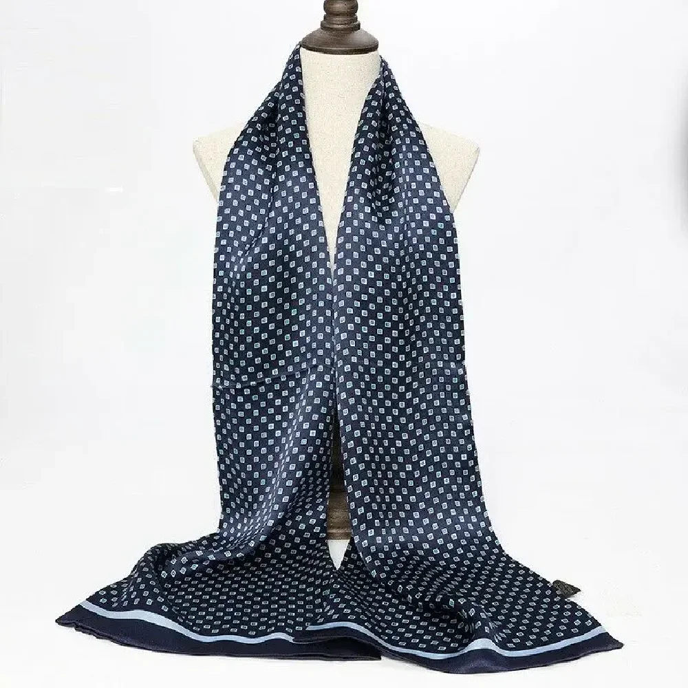 Men 100% Silk Scarf Long Neckerchief Double Layer Smooth Brown Red Blue Black