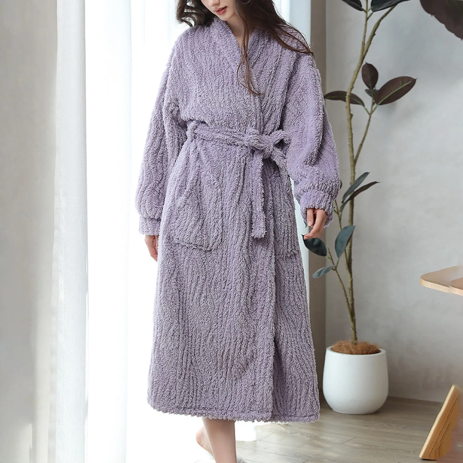 Women'S Robes Winter Flannel Bathrobe Long Sleeve Pockets Ladies Dressing Gown With Sashes Warm Loose Long Kimono For Female