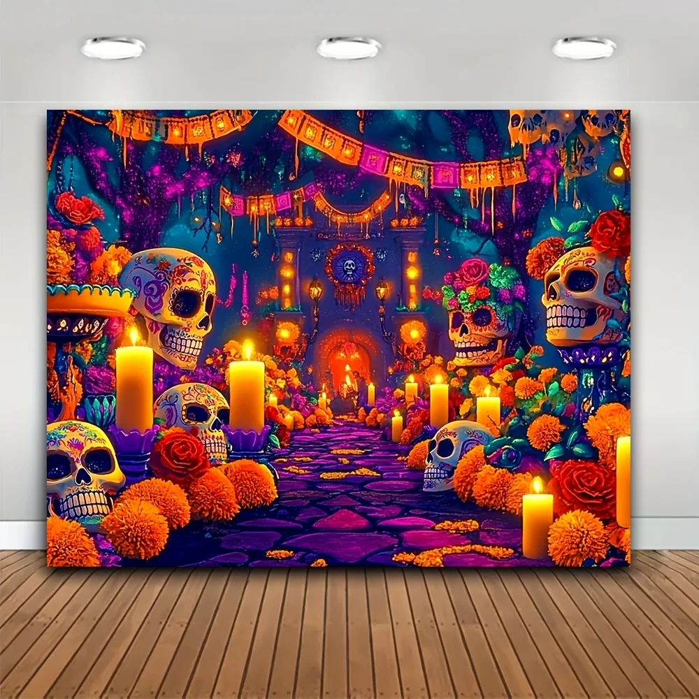 

Цельная фоновая ткань из полиэстера на День мертвых, с дизайном черепа и цветами на День мертвых.