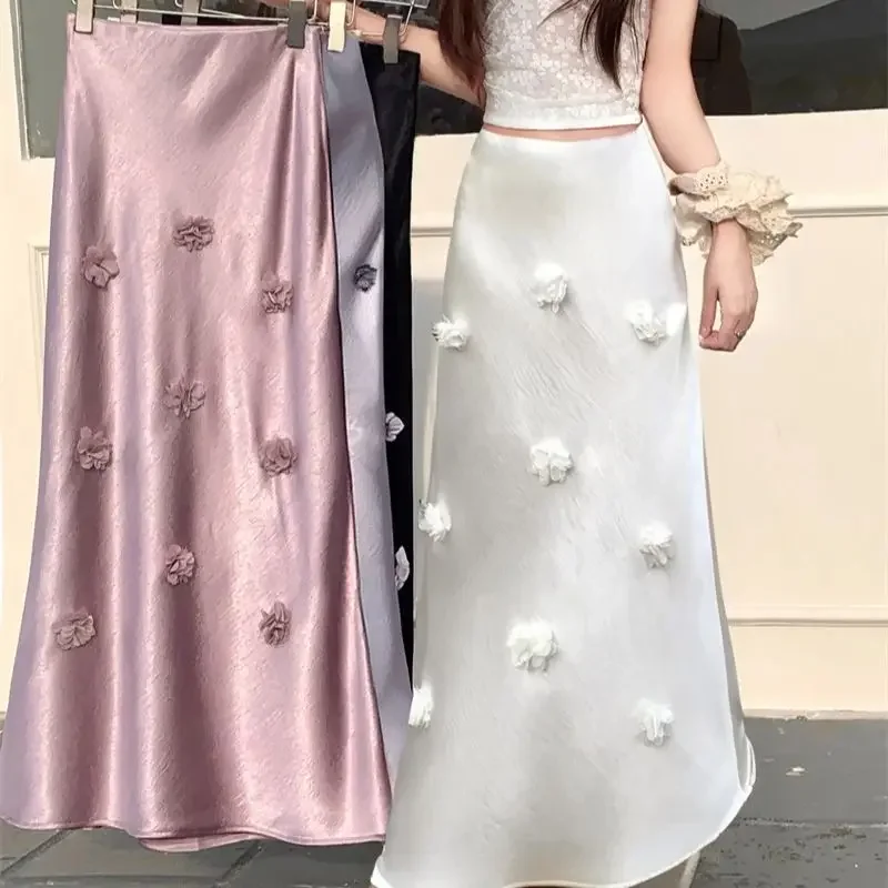 New Luxury Fashion 3D Floral Skirt Women Summer Satin High Waist Slim Elegant Party Mermaid Skirts Solid Color Long Jupe