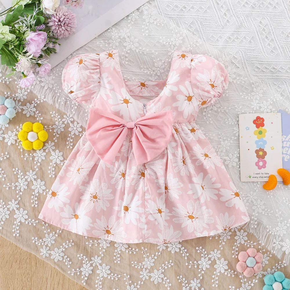 Baby Girl Dress Summer Beautiful Western Style Flower Girl Dress Bow Bubble Sleeve Dress (0-3 Years Old)