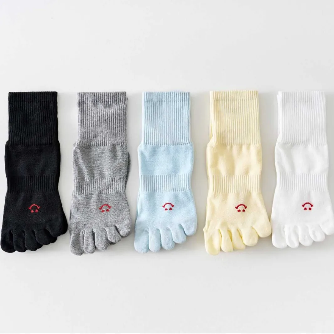 1/5 Pairs Women Cotton Five Finger Mid Socks Breathable Mesh Smile Embroidery  Sweat Wicking Yoga Daily Wear Five Toe Socks