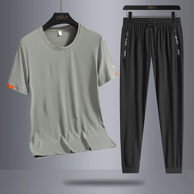 Ice Silk Quick Drying Set Trendy Ice Cool Mesh Quick Drying Breathable Short Sleeve T-shirt Long Pants Sports Two Piece Set men