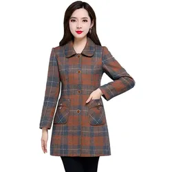 Fashion New Mid Long Women's Woolen Coats Spring Autumn Slim Thin Windbreaker Single Breasted Lapel Plaid Casual Jackets Female