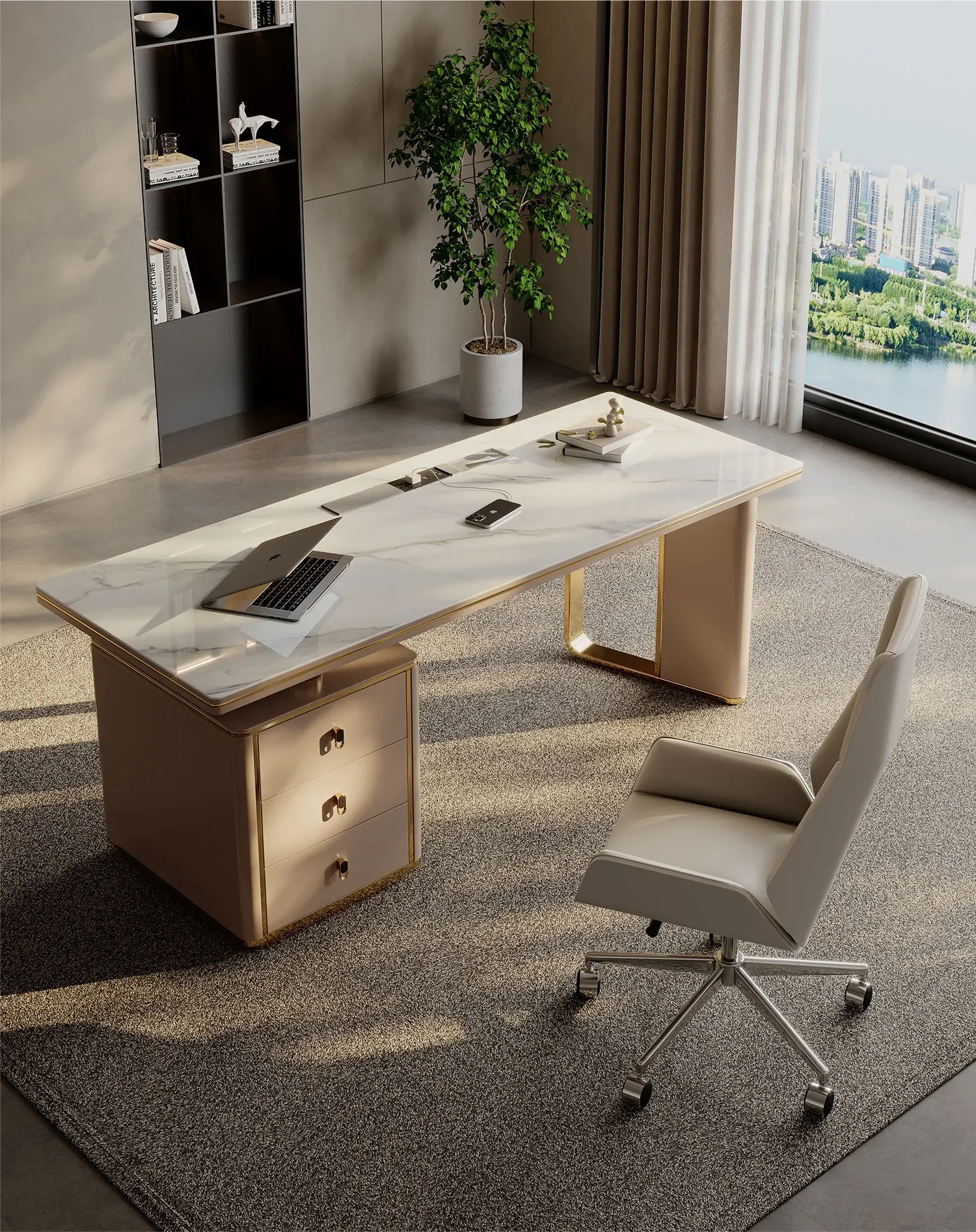 

Light Luxury Stone Plate Desk Modern Simple Stainless Steel Titanium Study Home Computer