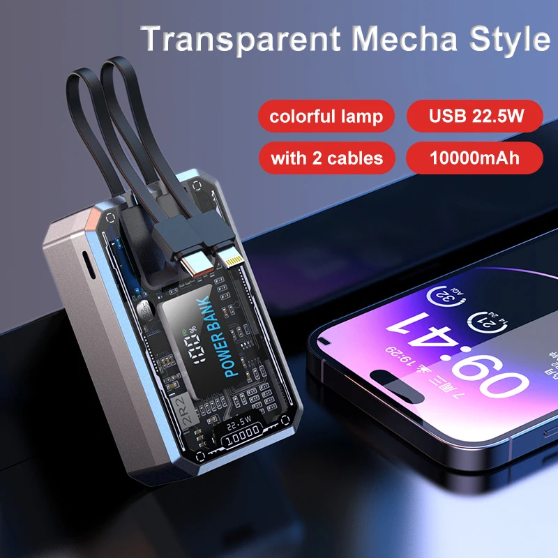 PD 20W 21700 Polymer Battery Charger Case DIY Cool Transparent Power Bank Box Dual-Direction QC Fast Charging Case With 2 Cables