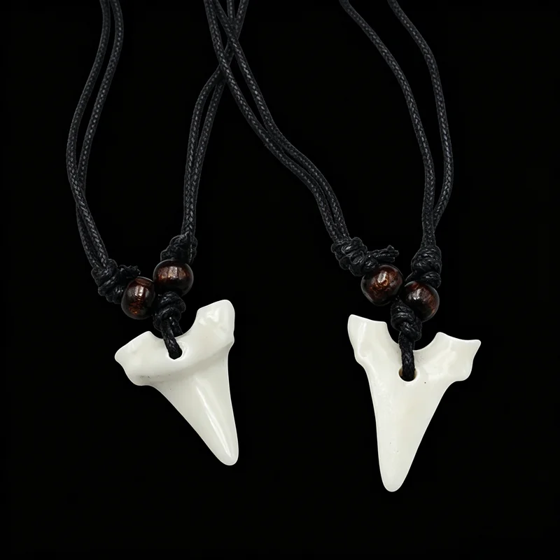 Shark Tooth Pendant Necklace - Resin Tribal Style with Adjustable Black Cord, Unisex Surfer Boho Jewelry