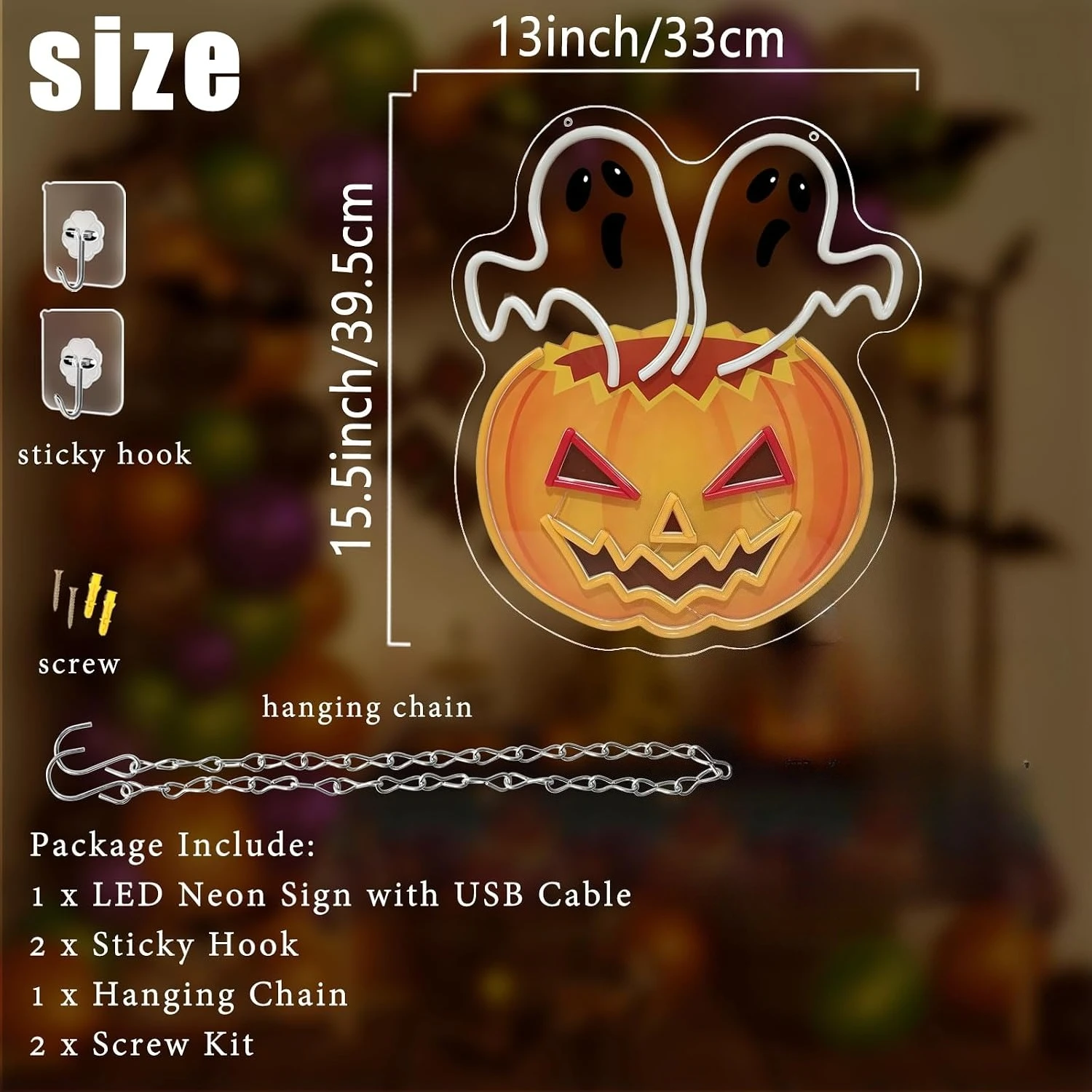 Pumpkin Neon Sign Halloween Jack O Lantern Ghost LED Neon Light Party Bedroom Game Room Home Decor Christmas Gift USB Powered