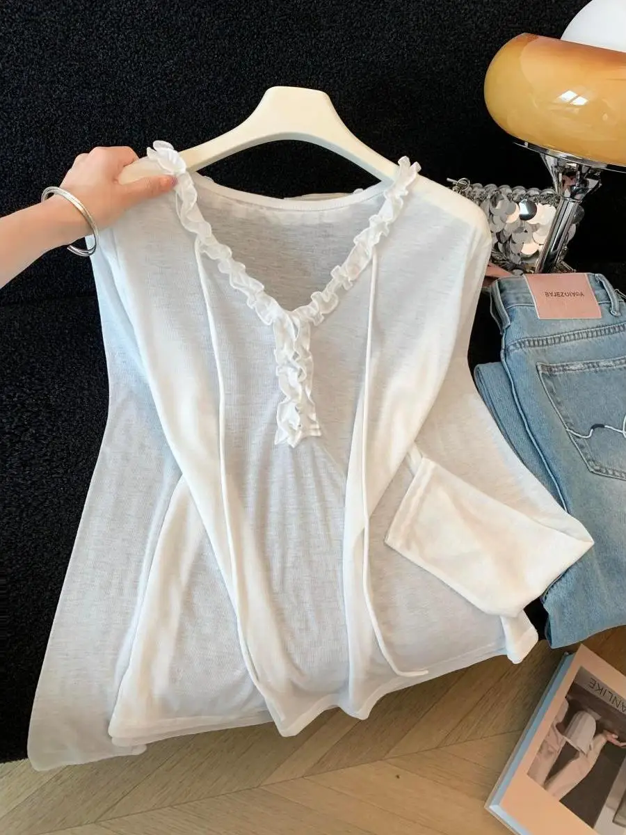 Korean Style Gentle Thin Long Sleeve V-Neck Women's T-Shirt Summer Loose Sense Sun Protection Shirt City Walk Casual Wear