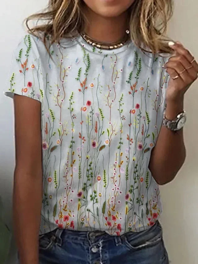 

Digital Printing 2024 Flower Pattern T-shirt for Women's Fun Versatile Short Sleeve Summer New Slim Fit Round Neck Top ME15