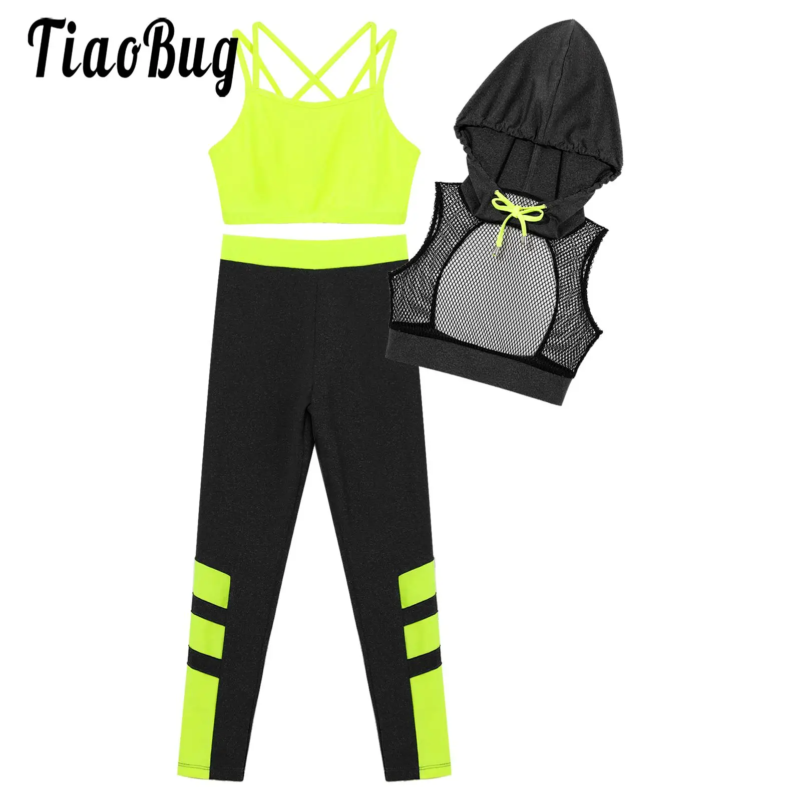 Kids Girls Sport Set 3 Piece Camisole Hooded Mesh Crop Top and Sports Leggings Jersey Suit Teens Hip Hop Street Dance Clothing